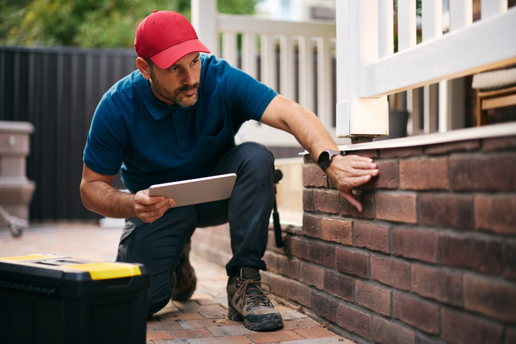 Home repairman using digital tablet while examining tiles on a porch wall